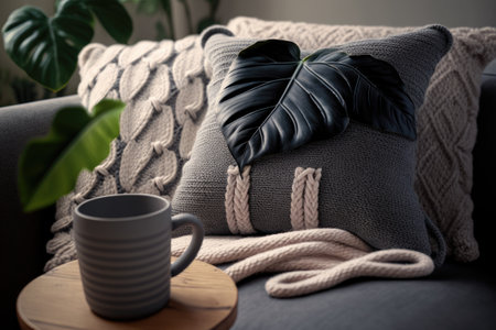 Interior Design Warm Living Room Coffee mug couch cushion A Monstera plant knitted in a plaid pattern is a perfect addition to a modern Scandinavian living space. To make room for a copyの素材