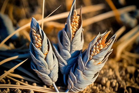 Rye ears in close up as they develop on the ground. summertime setting agricultural crop. backdrop in the countryside. food for making rye flour. Agribusinessの素材