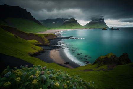 Incredible beauty gorgeous nature on the island in the mountains as wild green grows under low clouds against a beautiful skyの素材