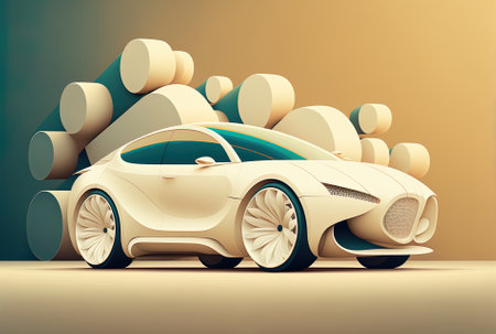 Left side particle view of a white contemporary luxury automobile that is parked inside throughout the dayの素材