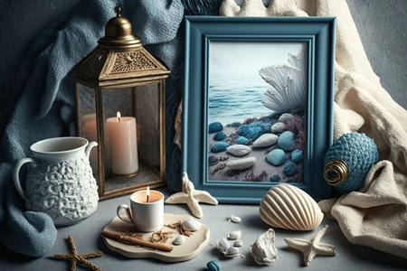 Marine inspired still life. A knitted tablecloth on a white table with a light background a kerosene lamp a shell stones an empty form an empty image in a frame and a painting with a marine themの素材