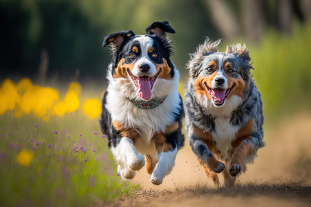 Outside two australian shepherd dogs are running and playing together. dogs smiling with their tongues outの素材