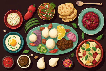 Overhead image of traditional jewish and middle eastern food falafel fattoush tabouli shakshuka balila hummus roasted eggplants and spicy beetroot dip. Israeli cuisine conceptの素材