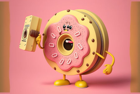 On a yellow background a large strawberry pink glazed doughnut figure mascot is holding a film reel with cinema tapeの素材