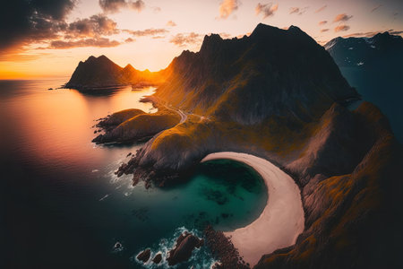 Islands of Lofoten Norwegian beach Kvalvika sunset scenery nature overhead picture ocean and rock lovely vacation spots summerの素材
