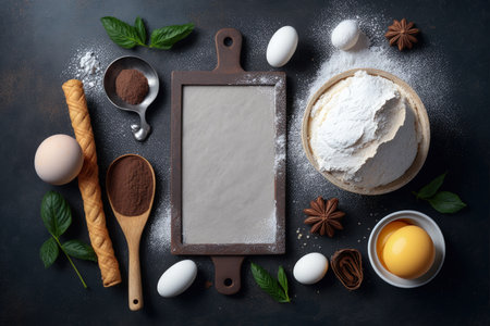 Ingredients for cooking and baking Kitchen utensils flour eggs a rolling pin butter and a background of bright grey concrete. Copy Space in Top View. Recipe Mockup for Cookies Pie or Cakeの素材