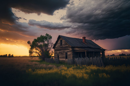 Sunset and storm clouds above an old wooden home in the countryside. Around the home there is a little meadow of grassの素材