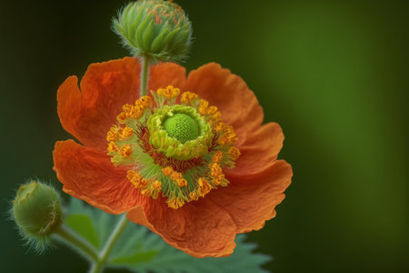 Macro shot of an orange Geum blossom against a green background on a warm summer day. Summertime image of a blooming avens garden flower with crimson petalsの素材