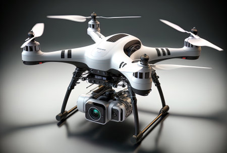 The current drone is in the air taking images with a professional camera copter with high definition digital cameraの素材