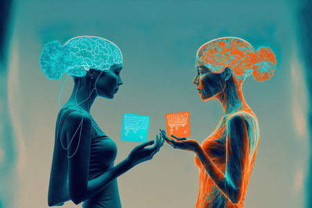 Online shoppers in double exposure each holding a credit card and a drawing of a brain hologram. Ai and the idea of online paymentの素材