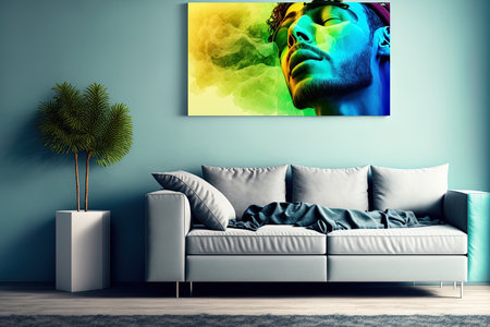 Paradise. A young man is lying on a couch in a contemporary living room his eyes closed. Male millennial carefree enjoys inhaling cool fresh air and turns on the air conditioner using a remote contrの素材