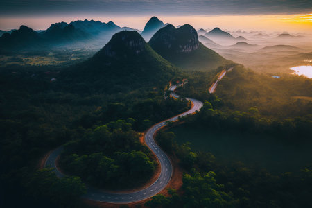 Phu Kao Ngom LOEI Thailand aerial top picture of sky road above top of mountain with fog and green jungle dawnの素材