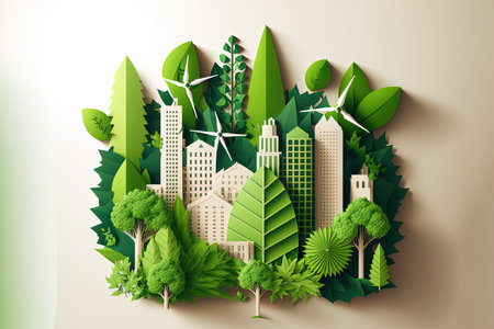 Green leaf image in the paper art style with trees city building silhouettes windmills and solar panels. the preservation of ecology. a green energy ideaの素材