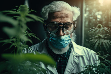 Photograph depicts a scientist inspecting hemp plants in a greenhouse while wearing a mask glasses and gloves. Concept of CBD oil pharmaceutical industry and herbal alternative medicineの素材