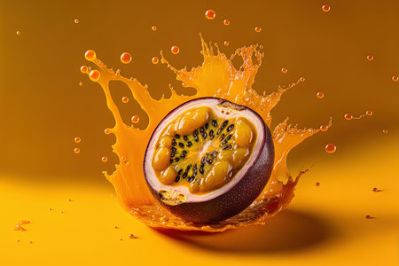 Passion fruit that is now ripe and in the air isolated on a yellow backdrop. Concept of levitating food in zero gravity. heightened clarityの素材