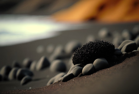 Macro shots of a beach with black sand. shallow depth of field with a smooth black beach texture. uncluttered black background Tenerife has a sandy volcanic beachの素材