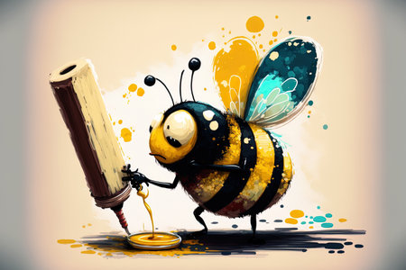 On a canvas outside a cartoon honeybee figure is sketching. Cartoon artwork of a black and yellow bug carrying a palette of various colors and a paintbrushの素材