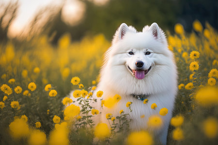 Lovely Samoyed Laika dressed with flowers. Funny White Samoyed Dog Or Bjelkier Playful Pet Outside Young And Happyの素材