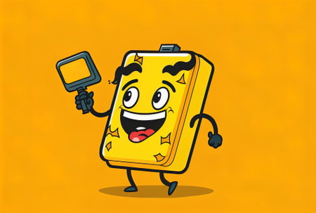 On a yellow backdrop a map pointer pin figure mascot a rechargeable automobile battery and an abstract labelの素材