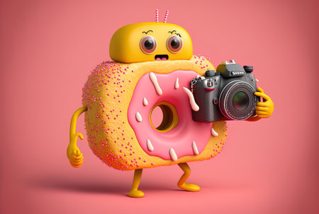 On a yellow background a large strawberry pink glazed doughnut creature is holding a contemporary digital cameraの素材