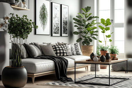 Modern open concept interior with furniture a modular sofa wooden coffee tables plaid pillows tropical plants and chic personal accessories. living room without colorの素材
