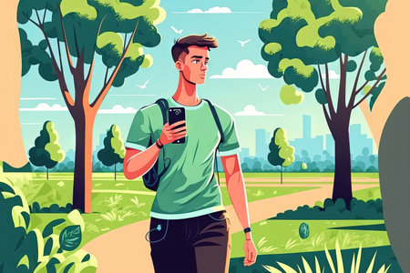 Young man in his 20s walking and speaking on a cell phone view in the distance take a break and relax in a spring green city park or on a sunny lawn outside in nature. urban recreation ideaの素材