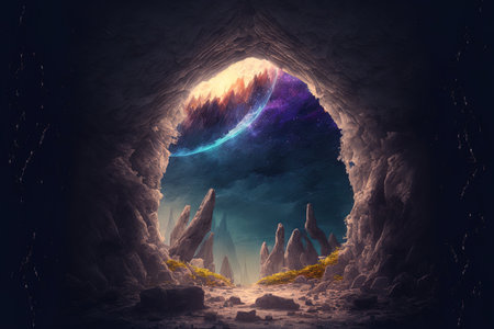 Mountain cave portal in the shape of a stone arch with magical markings. Ancient temple with a portal to an alien realm. Illustration of a fantasy sceneの素材