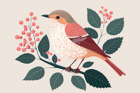 Pink and white isolated cute bird clutching branch with red winter berries. A lovely bird holding a branch of a lovely plant. flat illustration in colorの素材