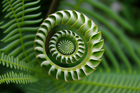 Photograph of a spiraling fern plant before it spreads its leaves in a natural setting with room for a duplicateの素材