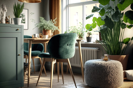 The multipurpose dining area features a lamp on a wooden stool a green armchair a pouf plants and a brown rugの素材