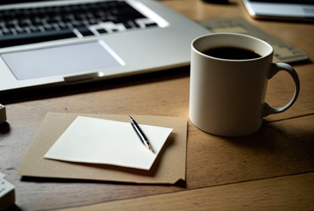 Sticky note on a laptop with a white blank screen a coffee cup and stationery displayed over a wooden tableの素材