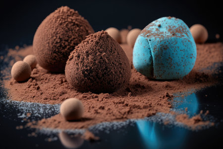 Truffles little spherical chocolate candy dusted with cocoa powder and set against a black slate backgroundの素材