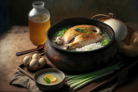 Samgyetang a classic Korean dish of chicken packed with rice and ginseng is a favorite summertime energy snackの素材