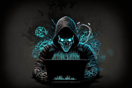 Concept of a hacker using a laptop with an abstract luminous loading bar on a dark gray background in the digital transition of the internetの素材