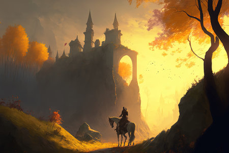 concept picture depicts a knight riding a horse through autumnal trees and past ruins of a castle perched atop a rocky outcrop next to a yellow wood during a sunny sunsetの素材