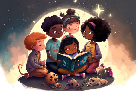 Picture shows a group of multicultural children reading an astronomy book while seated on the ground. Imagining the universe its planets galaxies and rock stars. reading and notion explorationの素材
