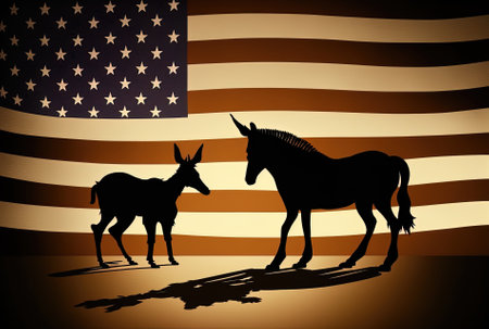 shadows of animals on the flag In American politics the democrat donkey or the republican elephant stands in for each party and they are engaged in an intellectual battle on the American flagの素材