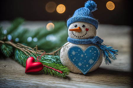 On a rustic wood table with a blue bokeh background a Christmas snowman metal heart and a pine branch garland are displayedの素材