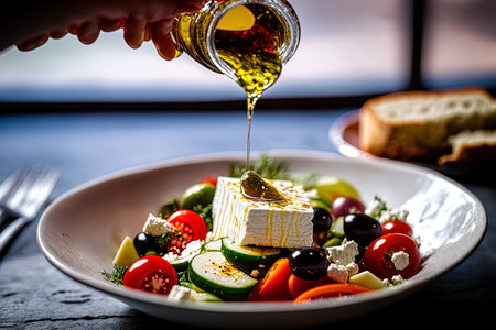 View of a hand pouring olive oil into a white dish holding a fresh salad with feta cheese tomatoes and cucumbersの素材