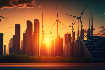 Sustainable energy solution concept with lovely sunset lighting. A large metropolis with skyscrapers in the backdrop along with a battery energy storage facility wind turbines and frameless solar pの素材