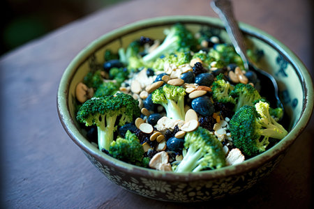 Salad of raw fresh broccoli with spring onions peanuts and dried blueberries dressed with vinaigretteの素材