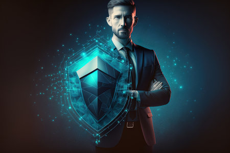 businessman hold a shield made of low-polygon polygons with a lock icon. Concept for a secure access system. Business financial investment assurance the concept of antivirus software technological security network protection and secure dataの素材