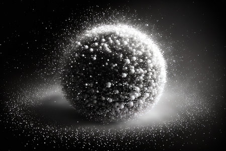 With a dark background and white sphere particles. Abstract White Particles Background Dust flying in the air on a dark backdropの素材