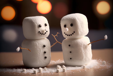 friends who are marshmallows two amusing snowmen made of marshmallow holiday decorations for Christmasの素材