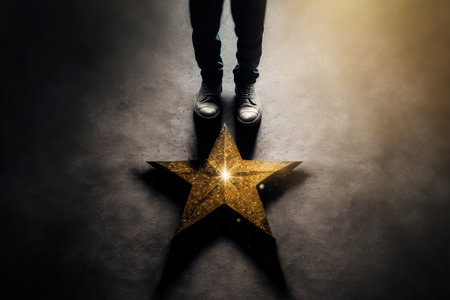 Success in Business or Personal Talent Concept. Top View of Business Person in Working Shoes Standing in front of a Golden Star. Light Shining on the Dark Cement Floorの素材
