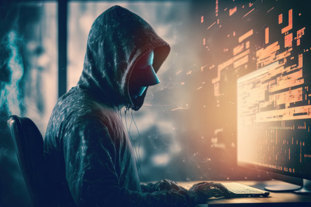 top image of hacker operating computer with bright Euro sign in hazy office interior double exposure of online banking and stealingの素材