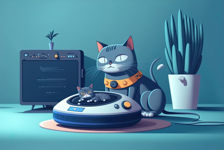 Work at home and the idea of smart technology Blue backdrop with a cat playing with a robot vacuum. adorable grey cat lounging next to the vacuumの素材