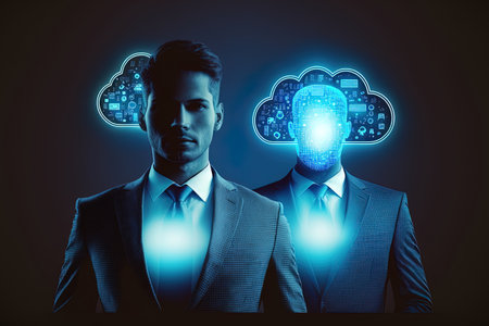 businessmen with hologram icons connected to the internet upload information to the cloud so that it can be accessed online at any time and transferred to other devicesの素材
