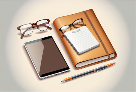 View from a high perspective of a smartphone laptop pair of glasses and notepad on a white backgroundの素材