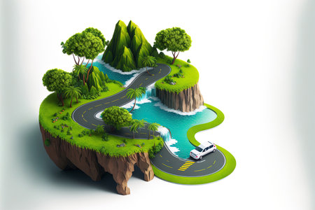 Tropical island and floating road drawing. Beautifully remote area of land with a waterfall and an ocean. Sea mountains and asphalt road are all separated on a white backdropの素材